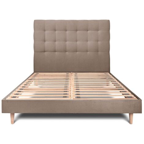 Lit 200x200cm avec tête de lit capitonnée velours et sommier kit taupe - Hauteur totale : 29cm (1/5)