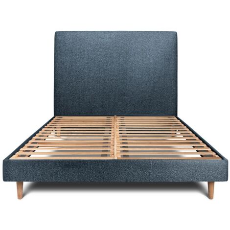 Lit 140x190cm avec tête de lit tapissier bouclette et sommier kit Bleu - Hauteur totale : 29cm (1/5)