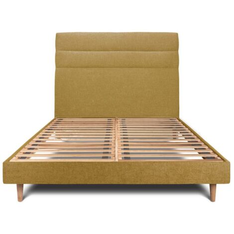 Lit 180x200cm avec tête de lit lignes tissu et sommier kit jaune - Hauteur totale : 29cm (1/5)