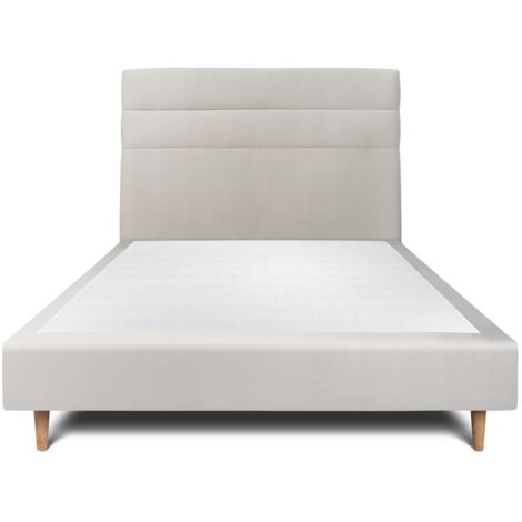 Lit 140x190cm avec tête de lit lignes velours et sommier tapissier gris clair - Hauteur totale : 35cm (1/5)