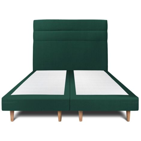Lit 200x200cm avec tête de lit lignes velours et double sommier tapissier vert - Hauteur totale : 29cm (1/5)