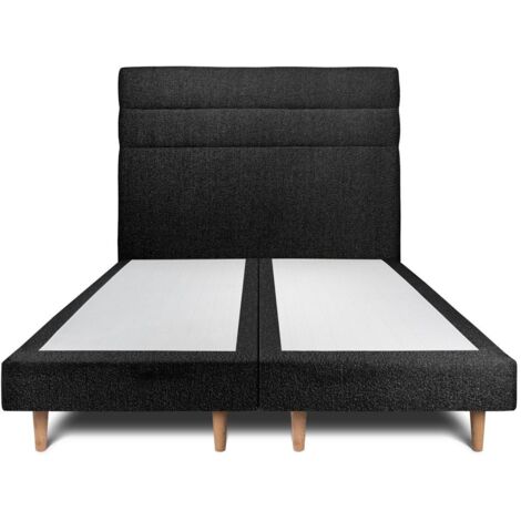 Lit 160x200cm avec tête de lit lignes bouclette et double sommier tapissier noir - Hauteur totale : 29cm (1/5)
