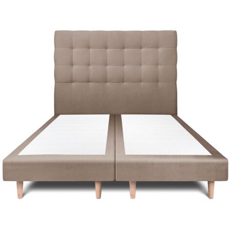 Lit 200x200cm avec tête de lit capitonnée velours et double sommier tapissier taupe - Hauteur totale : 29cm (1/5)