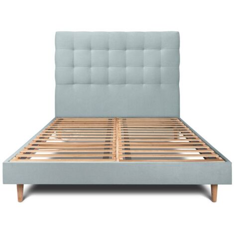 Lit 150x190cm avec tête de lit capitonnée velours et sommier kit Gris bleuté - Hauteur totale : 29cm (1/5)