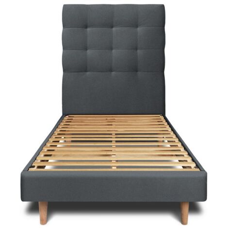 Lit 90x190cm avec tête de lit capitonnée velours et sommier kit gris anthracite - Hauteur totale : 29cm (1/5)