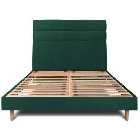 Lit 160x200cm avec tête de lit lignes velours et sommier kit vert - Hauteur totale : 29cm (1/5)
