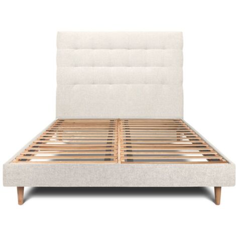 Lit 200x200cm avec tête de lit capitonnée tissu et sommier kit Beige clair - Hauteur totale : 29cm (1/5)