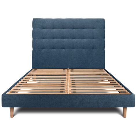 Lit 140x190cm avec tête de lit capitonnée tissu et sommier kit Bleu - Hauteur totale : 29cm (1/5)