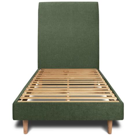 Lit 90x200cm avec tête de lit tapissier tissu et sommier kit vert - Hauteur totale : 29cm (1/5)