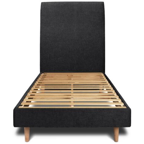Lit 90x190cm avec tête de lit tapissier tissu et sommier kit Noir - Hauteur totale : 29cm (1/5)