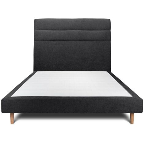 Lit 135x190cm avec tête de lit lignes tissu et sommier tapissier Noir - Hauteur totale : 29cm (1/5)