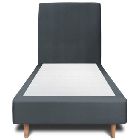 Lit 90x190cm avec tête de lit tapissier velours et sommier tapissier gris anthracite - Hauteur totale : 35cm (1/4)