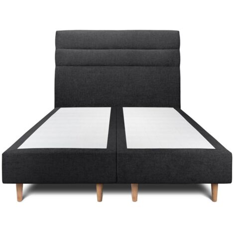 Lit 200x200cm avec tête de lit lignes tissu et double sommier tapissier noir - Hauteur totale : 35cm (1/5)