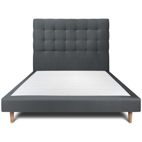 Lit 140x190cm avec tête de lit capitonnée velours et sommier tapissier gris anthracite - Hauteur totale : 29cm (1/5)