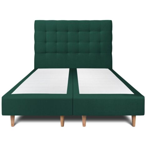 Lit 200x200cm avec tête de lit capitonnée velours et double sommier tapissier vert - Hauteur totale : 35cm (1/5)