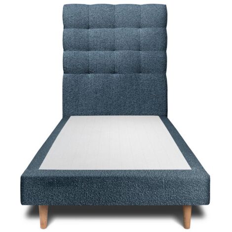 Lit 90x190cm avec tête de lit capitonnée bouclette et sommier tapissier Bleu - Hauteur totale : 29cm (1/4)