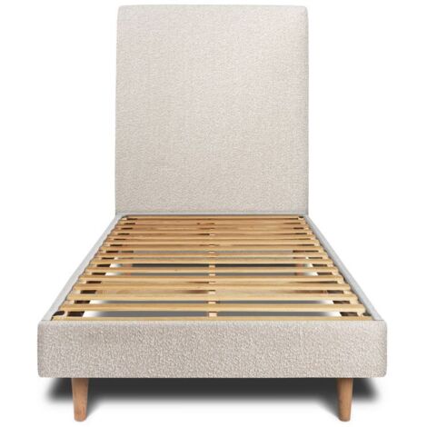Lit 90x190cm avec tête de lit tapissier bouclette et sommier kit Beige - Hauteur totale : 29cm (1/5)