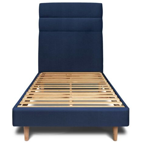 Lit 90x190cm avec tête de lit lignes velours et sommier kit Bleu - Hauteur totale : 29cm (1/5)
