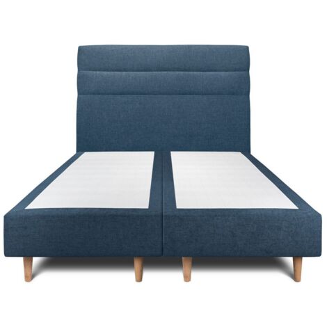 Lit 180x200cm avec tête de lit lignes tissu et double sommier tapissier bleu - Hauteur totale : 35cm (1/5)