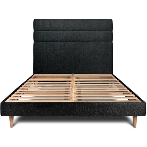 Lit 140x190cm avec tête de lit lignes bouclette et sommier kit Noir - Hauteur totale : 29cm (1/5)