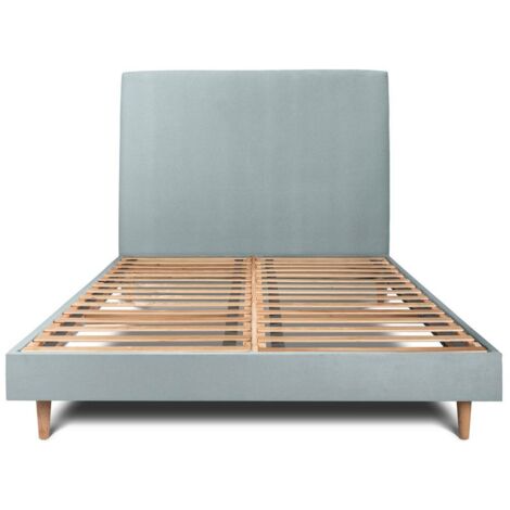 Lit 140x190cm avec tête de lit tapissier velours et sommier kit Gris bleuté - Hauteur totale : 29cm (1/5)