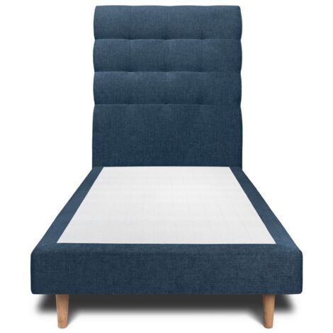 Lit 90x190cm avec tête de lit capitonnée tissu et sommier tapissier Bleu - Hauteur totale : 29cm (1/4)