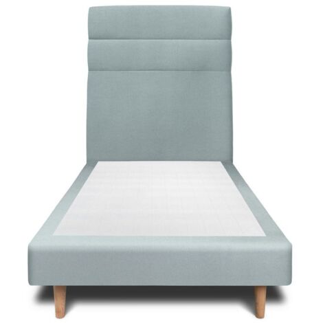 Lit 90x190cm avec tête de lit lignes velours et sommier tapissier gris bleuté - Hauteur totale : 29cm (1/4)