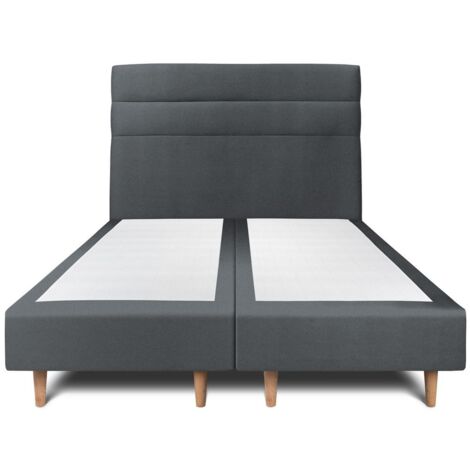 Lit 200x200cm avec tête de lit lignes velours et double sommier tapissier gris anthracite - Hauteur totale : 35cm (1/5)