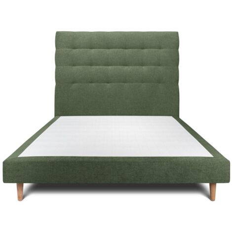 Lit 135x190cm avec tête de lit capitonnée tissu et sommier tapissier vert - Hauteur totale : 29cm (1/5)