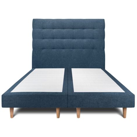 Lit 200x200cm avec tête de lit capitonnée tissu et double sommier tapissier bleu - Hauteur totale : 29cm (1/5)