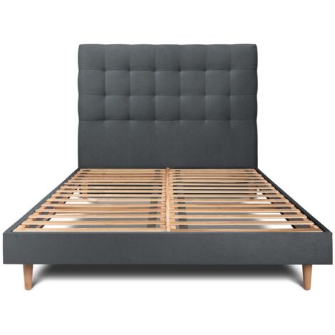 Lit 140x190cm avec tête de lit capitonnée velours et sommier kit gris anthracite - Hauteur totale : 29cm (1/5)
