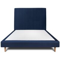 Lit 140x200cm avec tête de lit tapissier velours et sommier tapissier Bleu - Hauteur totale : 29cm