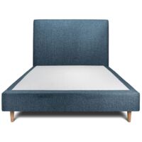Lit 150x190cm avec tête de lit tapissier bouclette et sommier tapissier Bleu - Hauteur totale : 35cm