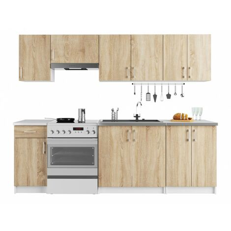 NOLA - Cuisine complète linéaire + modulaire 240cm 7 pcs - Plan de travail INCLUS - Ensemble meubles cuisine Sonoma