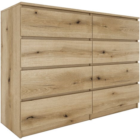 MILAN - Commode large  8 tiroirs chambre salon - 97x138x40 - Design minimaliste - Meuble de rangement - Aspect bois