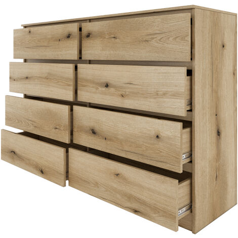 MILAN - Commode large  8 tiroirs chambre salon - 97x138x40 - Design minimaliste - Meuble de rangement - Aspect bois