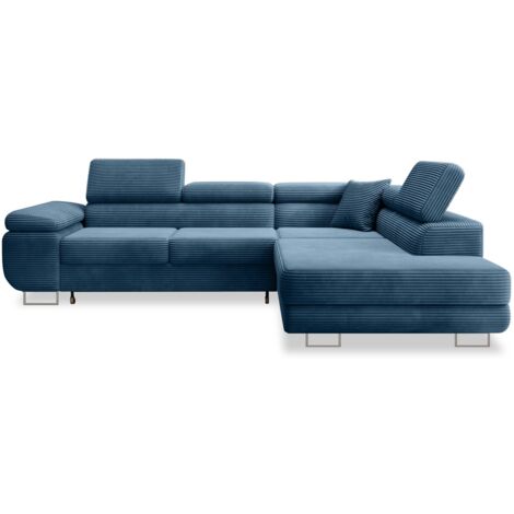 Canapé d'angle droit convertible Marius velours côtelé Bleu