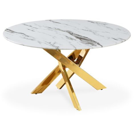 Intensedeco – Table basse ronde en verre effet marbre – Pieds dorés en métal – Ø80 x H43 cm – Design moderne pour salons élégants (1/4)
