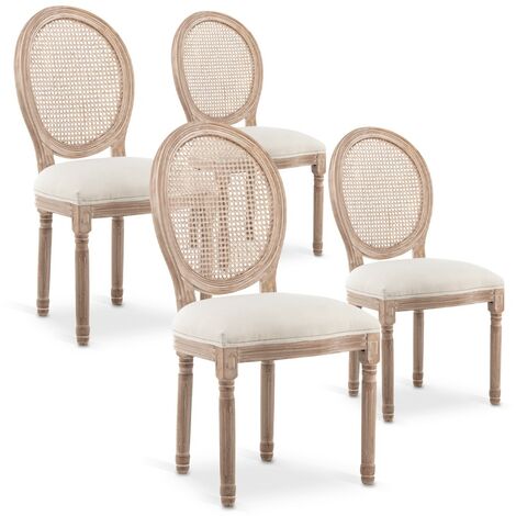 Lot de 4 chaises médaillon Louis XVI Cannage Rotin tissu Beige (1/4)