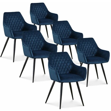 Intensedeco – Lot de 6 chaises Victoria en velours bleu – Accoudoirs rembourrés pour confort – Pieds en métal noir – Dimensions L59 x P61 x H84 cm (1/2)