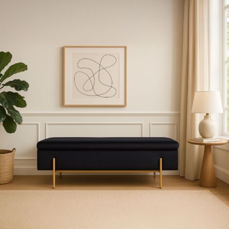 Banquette coffre Olivia Velours noir pieds doré