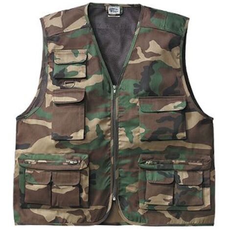 Gilet Da Caccia E Pesca Multitasche In Cotone – Chiusura Con Cerniera, Colore Mimetico, Retro Imbottito, Taglie S A XXXL