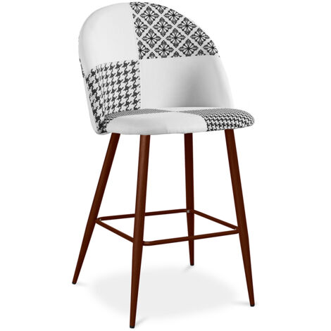 Tabouret Tapissé Patchwork - Style Scandinave - Noir et Blanc - 66cm - Evelyne Blanc / Noir (1/5)