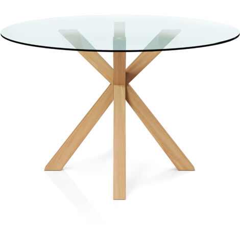 Privatefloor – Table à manger ronde 120 cm – Plateau en verre poli – Pieds croisés en bois naturel – Pour 6 convives – Design lumineux et spacieux