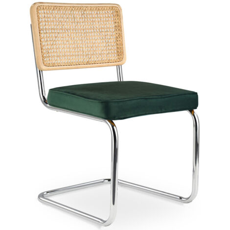 Privatefloor – Chaise de salle à manger en velours vert foncé – Dossier en bois et rotin – Pieds en métal chromé – Dimensions 59x48x82cm (1/5)
