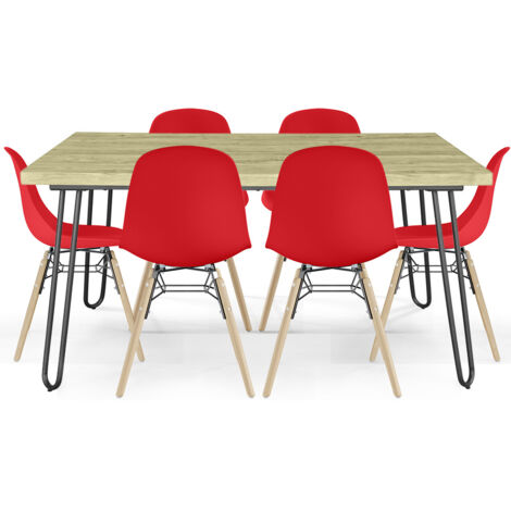 Pack Table Hairpin (90x150 cm) + 6 Chaises de Salle à Manger Nórdicas Skögur Rouge (1/5)