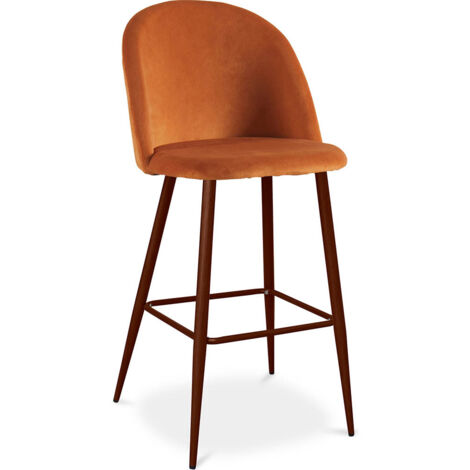 Privatefloor – Tabouret de bar en velours orange rougeâtre – Design scandinave – Hauteur 109 cm – Pieds en métal couleur bois foncé