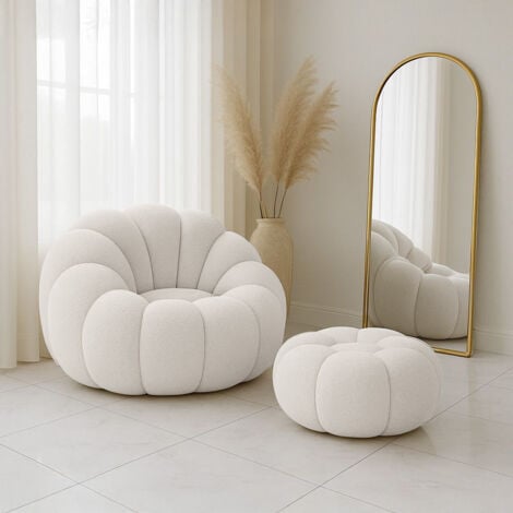 Fauteuil avec ottoman tapissé - Bouclé blanc - Rubi Blanc