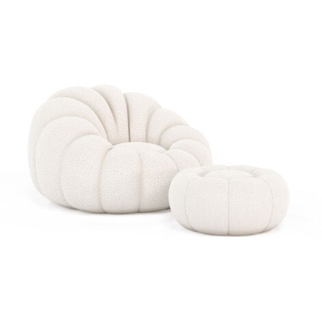 Fauteuil avec ottoman tapissé - Bouclé blanc - Rubi Blanc