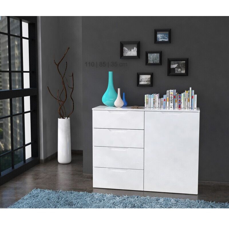 Commode Blanche 110 Cm – 4 Portes, 1 Tiroir, Rangement Gain De Place Pour Chambre, Salon Ou Bureau